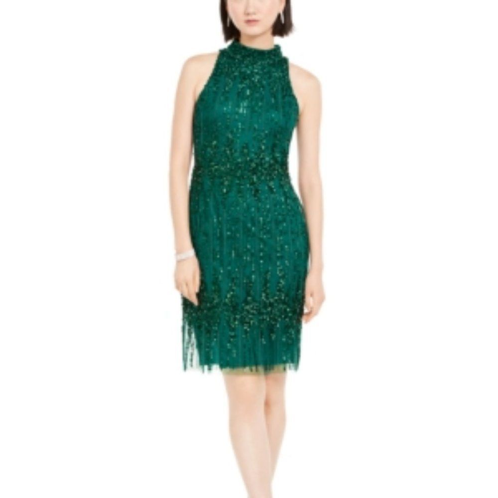 Adrianna Papell Beaded Emerald Halter Fringe Cocktail Dress